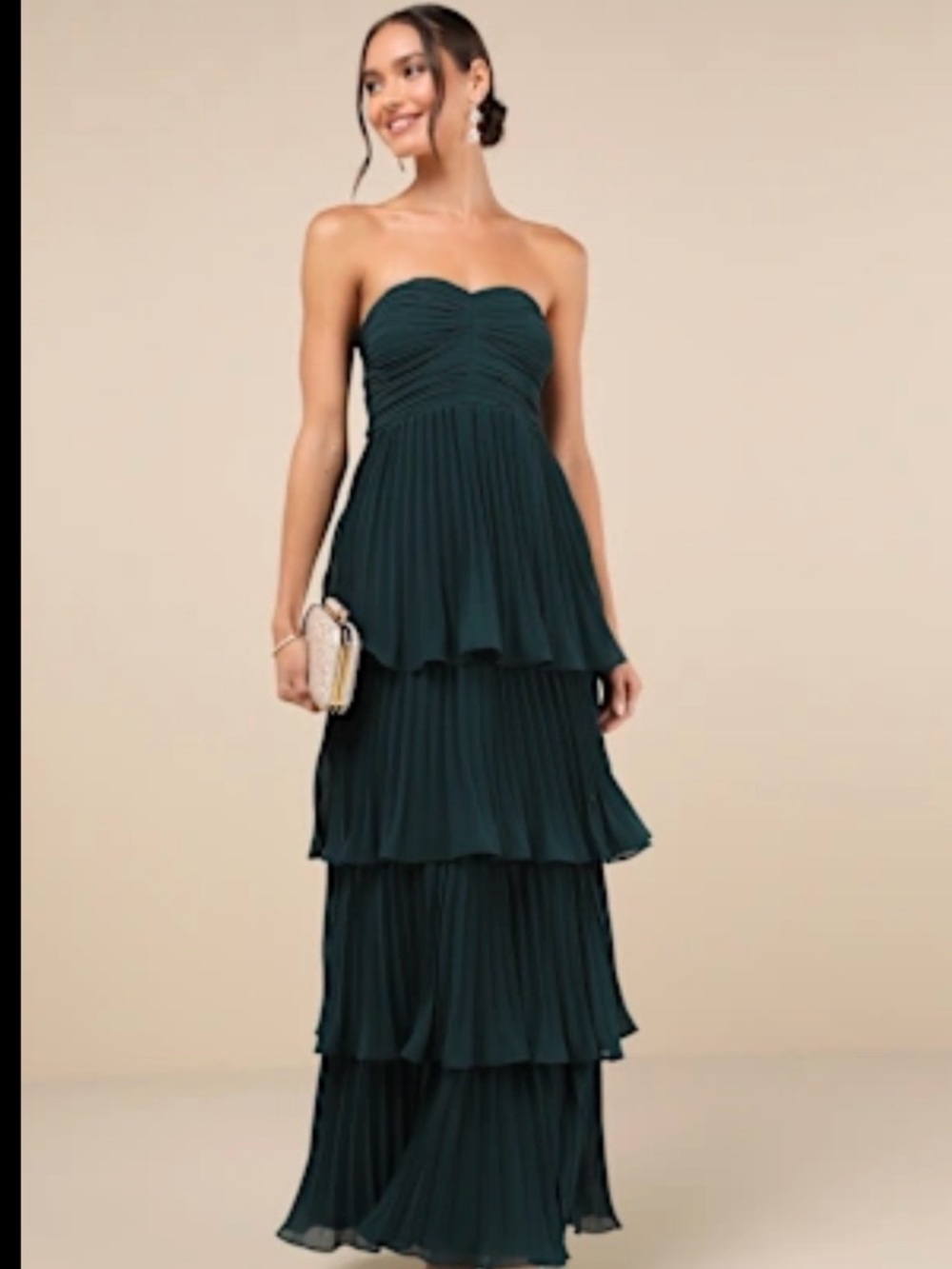 Lulu's Seriously Sensational Emerald Strapless Tiered Pleated Maxi Dress